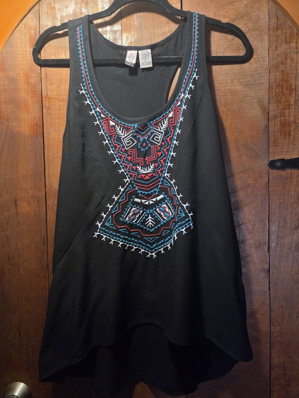 Black Embroidered Tank Top with Red & Teal Detail -
